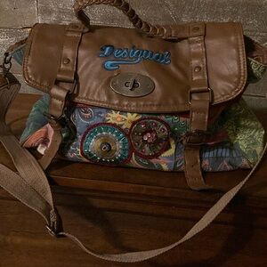 Desigual Brown Leather and Multicolor vintage turnlock hobo bag
